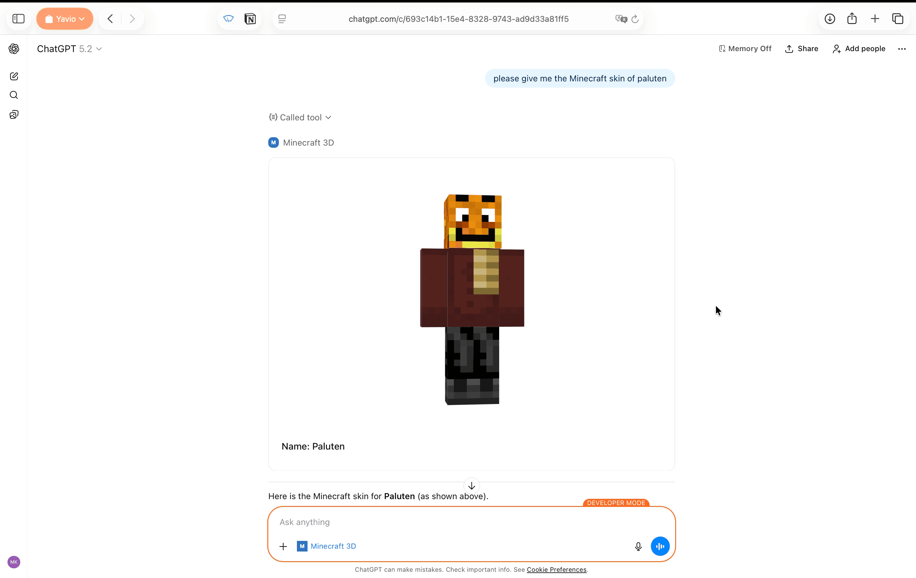App Showcase: Render any Minecraft Skin in ChatGPT in 3D