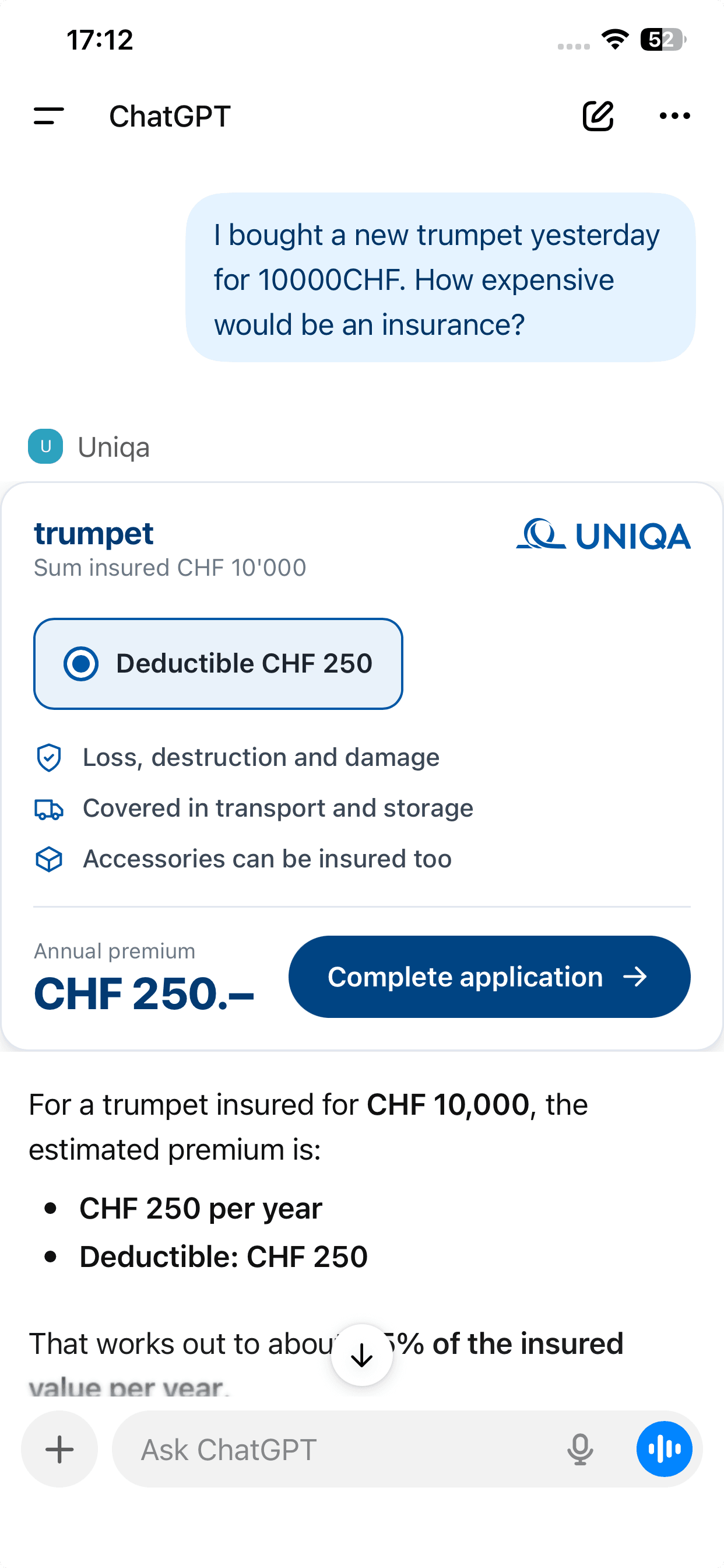 ChatGPT conversation where the UNIQA app calculates a trumpet insurance quote
