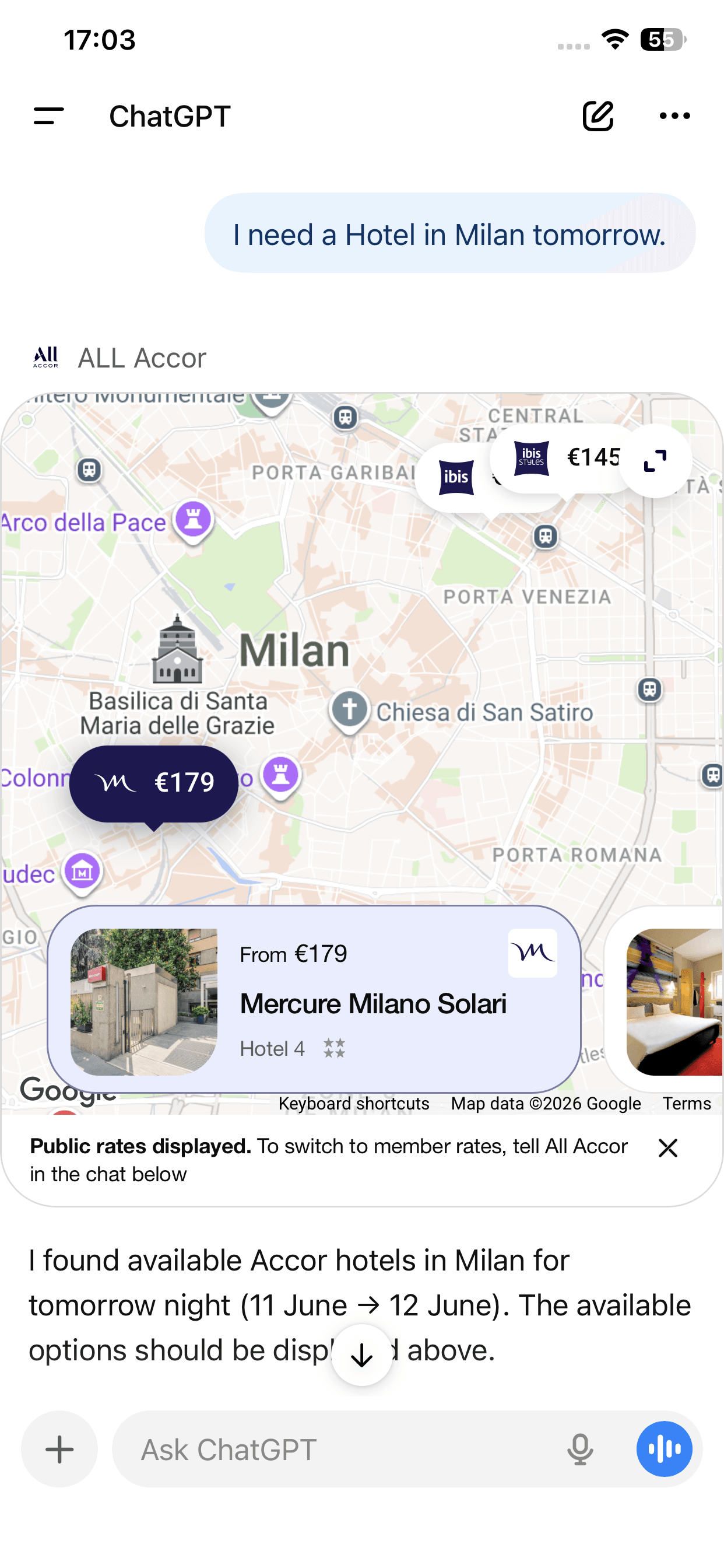 ChatGPT conversation where the ALL Accor app shows hotels in Milan on a map