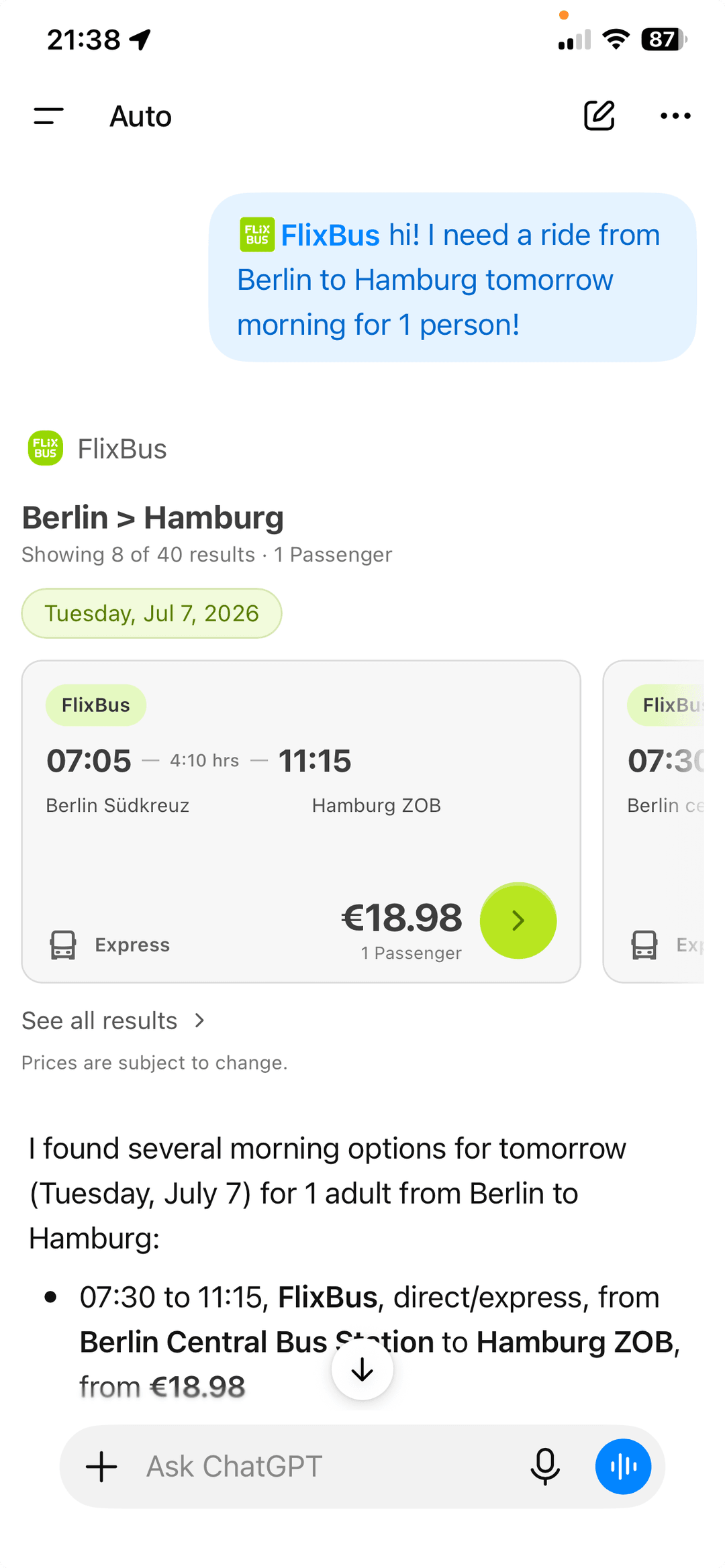 ChatGPT conversation where the FlixBus app shows live bus connections from Berlin to Hamburg with prices